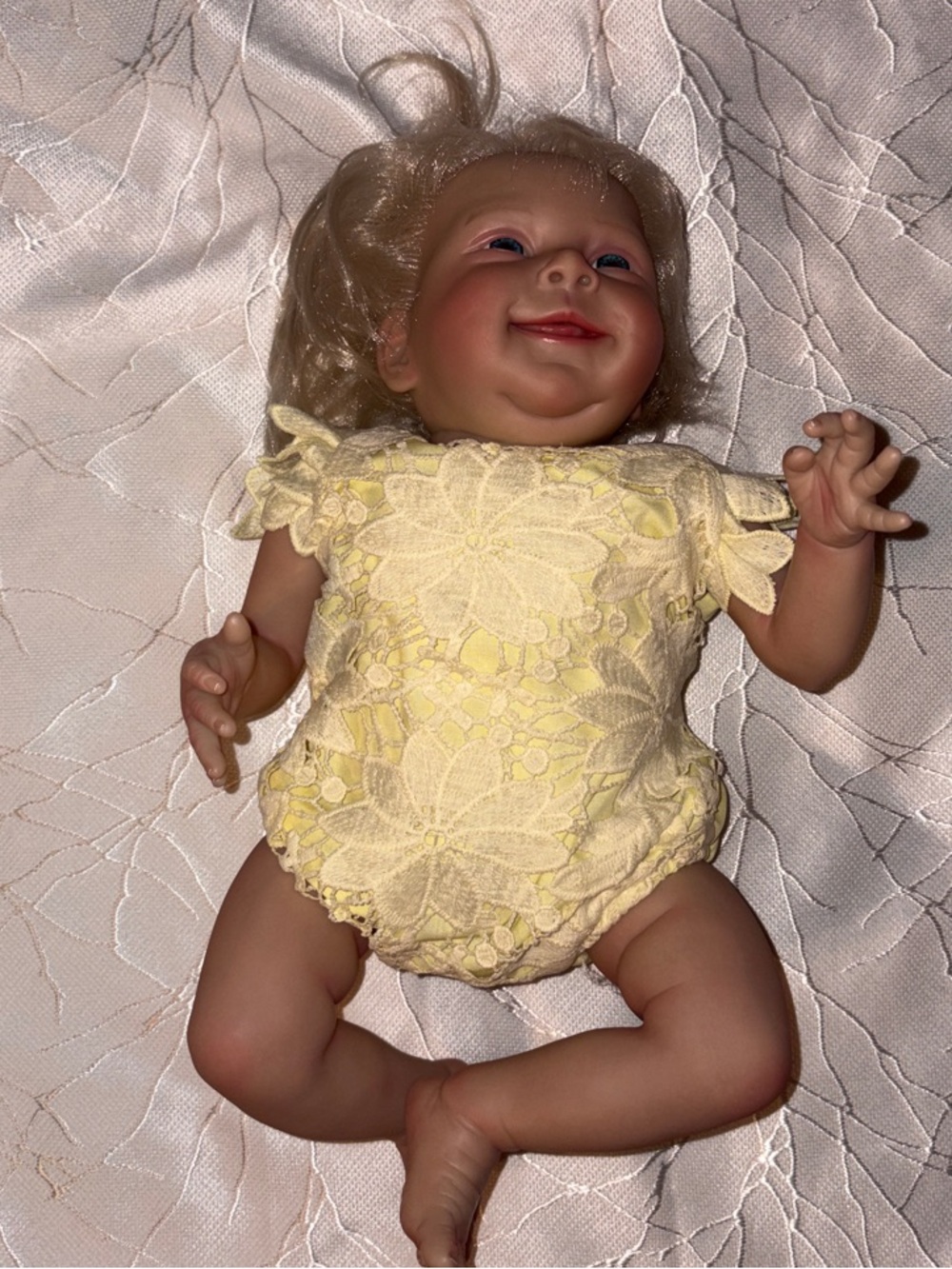 Smiling “Reborn” Baby Doll in Yellow Lace Romper - Kids Toys